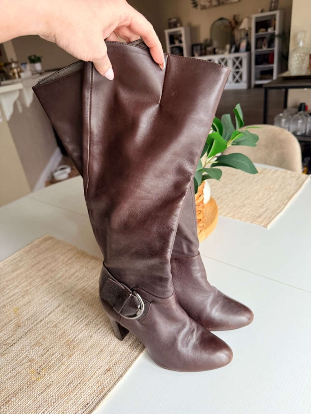 Gianni Bini Dark Brown Leather Knee-High Heeled Boots
